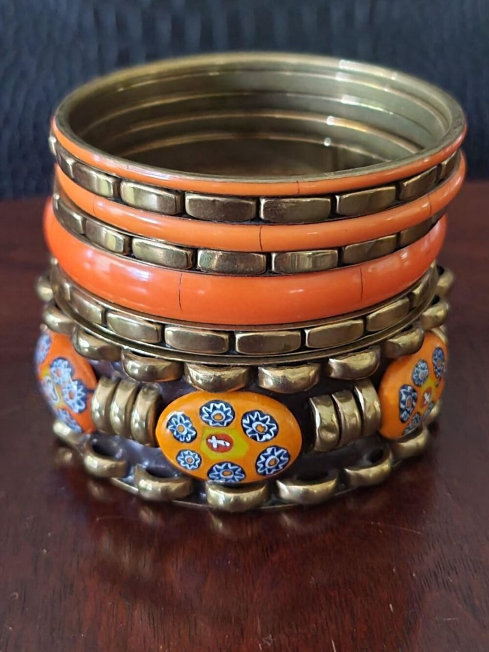 Vintage Brass & Orange Bangle Bracelet Stack Boho Millefiori Floral Glass Set